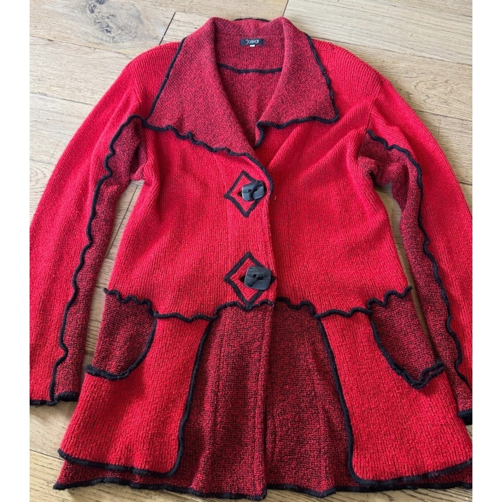 Jaskar Red Black Textured Knit‎ Wavy Trim Button Front Cardigan Jacket M (1362)